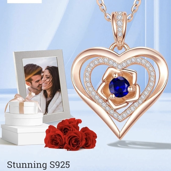 Silver Rose Gold Heart Necklace with Blue/Purple Center Stone - Picture 8 of 10